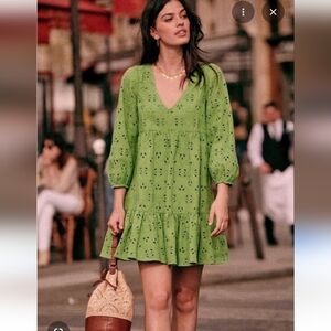 Sezane Vanessa Dress Green Cotton Size 34/2 Eyelet Embroidered